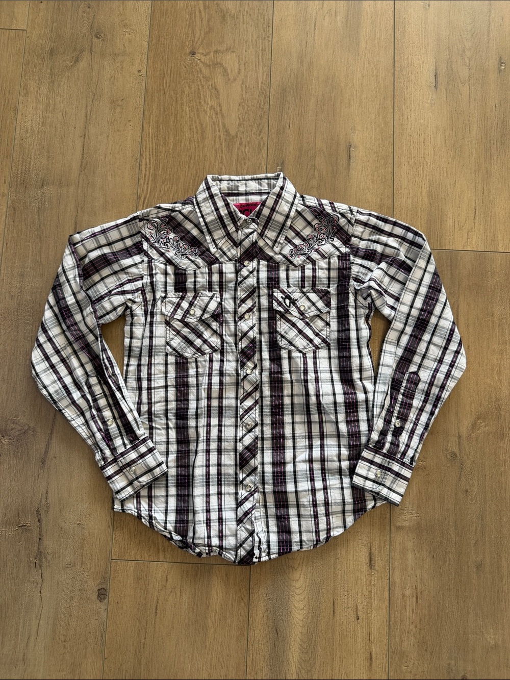 Cowgirl Hardware Girl Plaid Western Embroidered Rhinestone Pearl Snap Shirt Sz M
